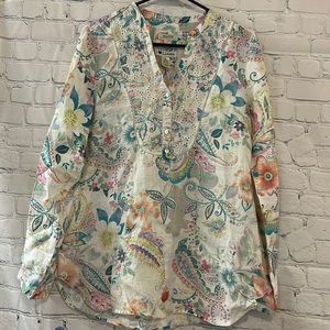 Malvin Hamburg-Germany Floral Tunic 100% Linen Blouse SZ S